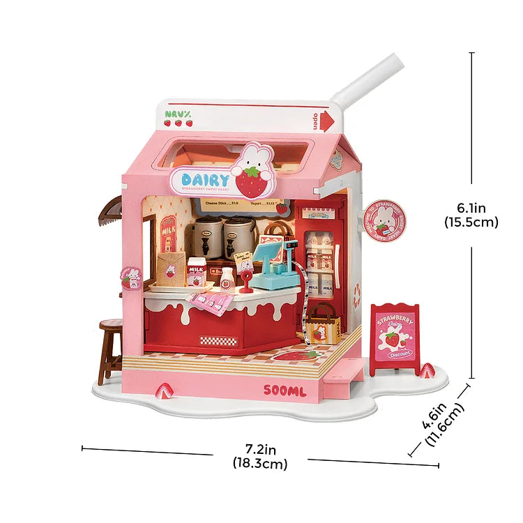 Robotime Rolife Strawberry Milk Food Box Shop DIY Miniature House Kit DS034