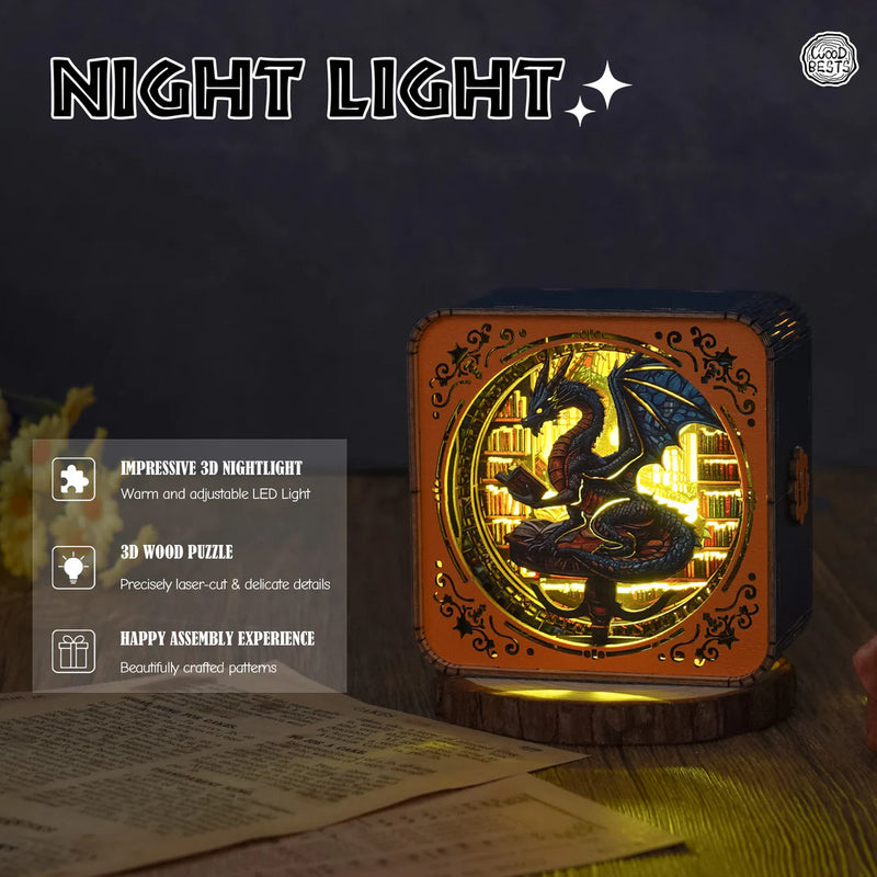 Woodbests - Library Dragon Kit - 3D Wooden Puzzle Night Light (Pre-Order)