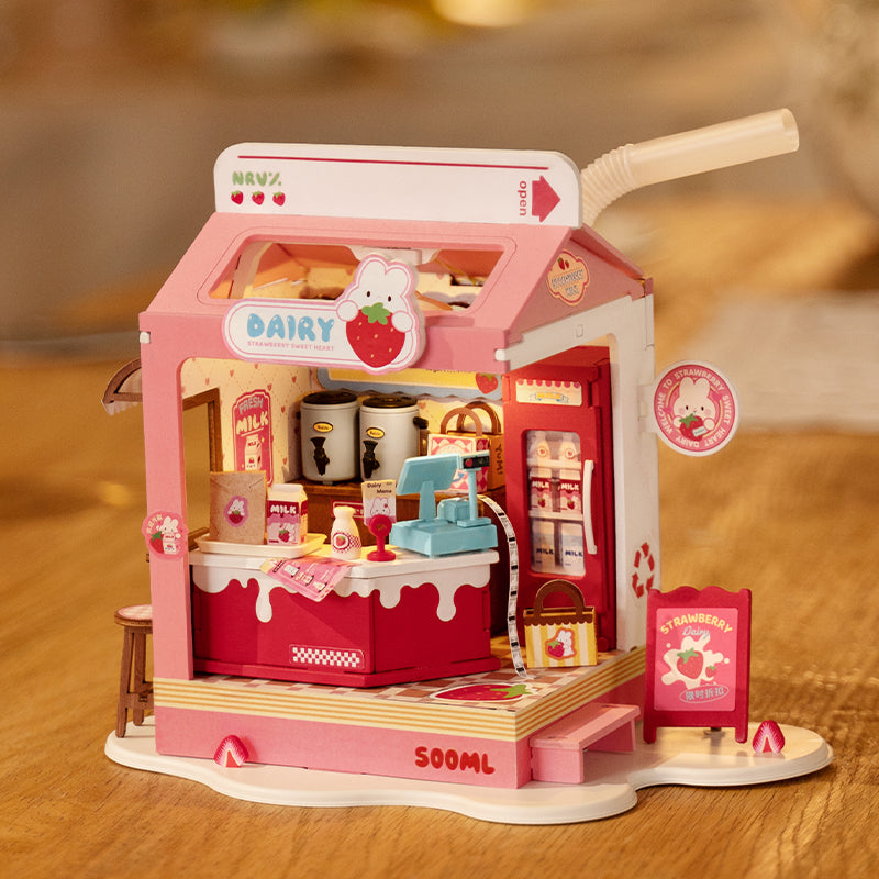 Robotime Rolife Strawberry Milk Food Box Shop DIY Miniature House Kit DS034