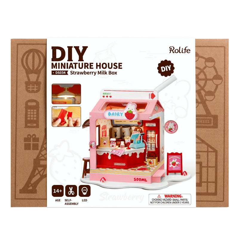 Robotime Rolife Strawberry Milk Food Box Shop DIY Miniature House Kit DS034