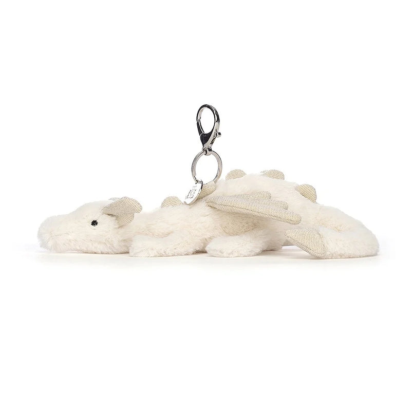 JELLYCAT SNOW DRAGON BAG CHARM CREAM & GLITTER 12X8X22 CM