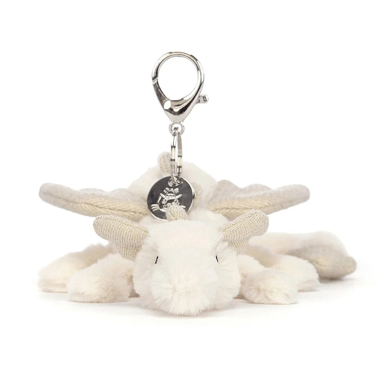 JELLYCAT SNOW DRAGON BAG CHARM CREAM & GLITTER 12X8X22 CM