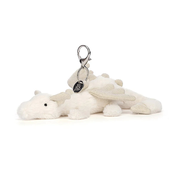 JELLYCAT SNOW DRAGON BAG CHARM CREAM & GLITTER 12X8X22 CM