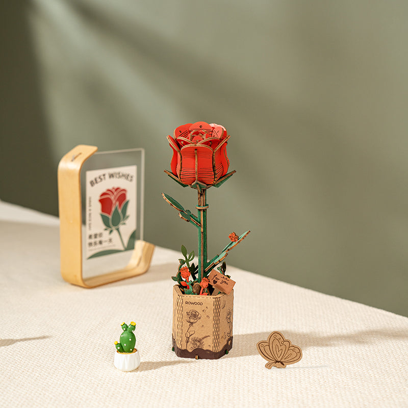 Robotime Rowood DIY Wooden Flower Red Rose 3D Wooden Puzzle TW042