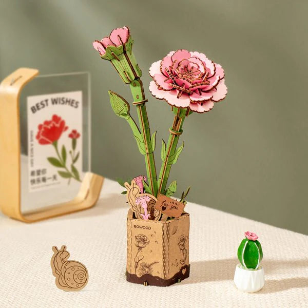 Robotime Rowood DIY Wooden Flower Pink Carnation 3D Wooden Puzzle TW051