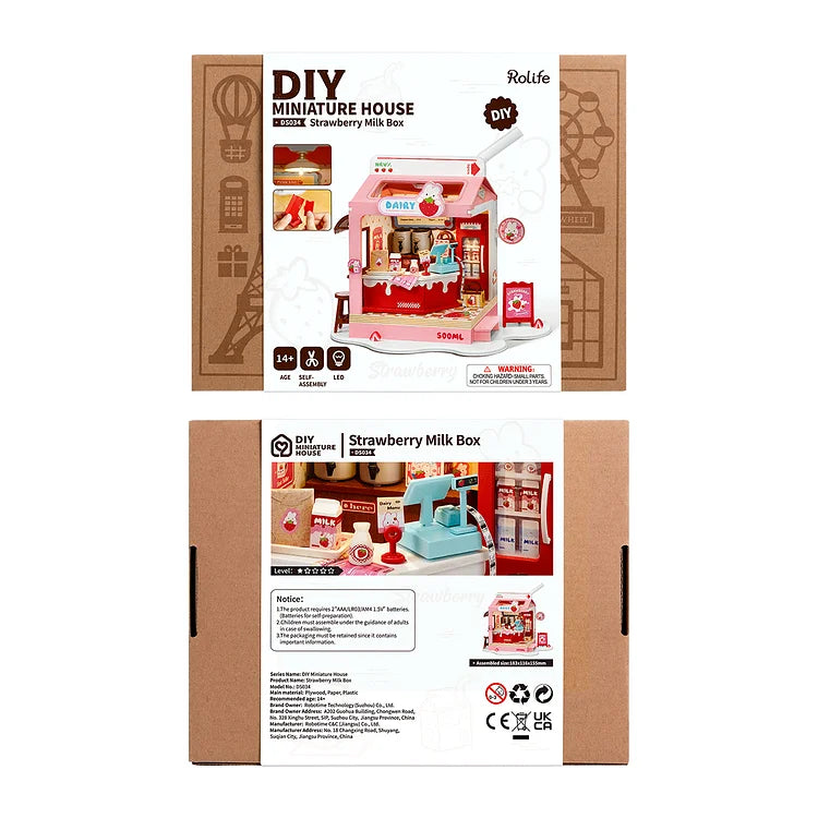 Robotime Rolife Strawberry Milk Food Box Shop DIY Miniature House Kit DS034