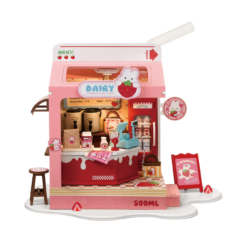 Robotime Rolife Strawberry Milk Food Box Shop DIY Miniature House Kit DS034