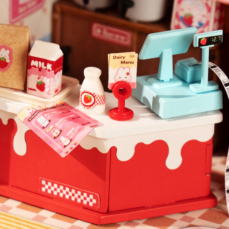 Robotime Rolife Strawberry Milk Food Box Shop DIY Miniature House Kit DS034